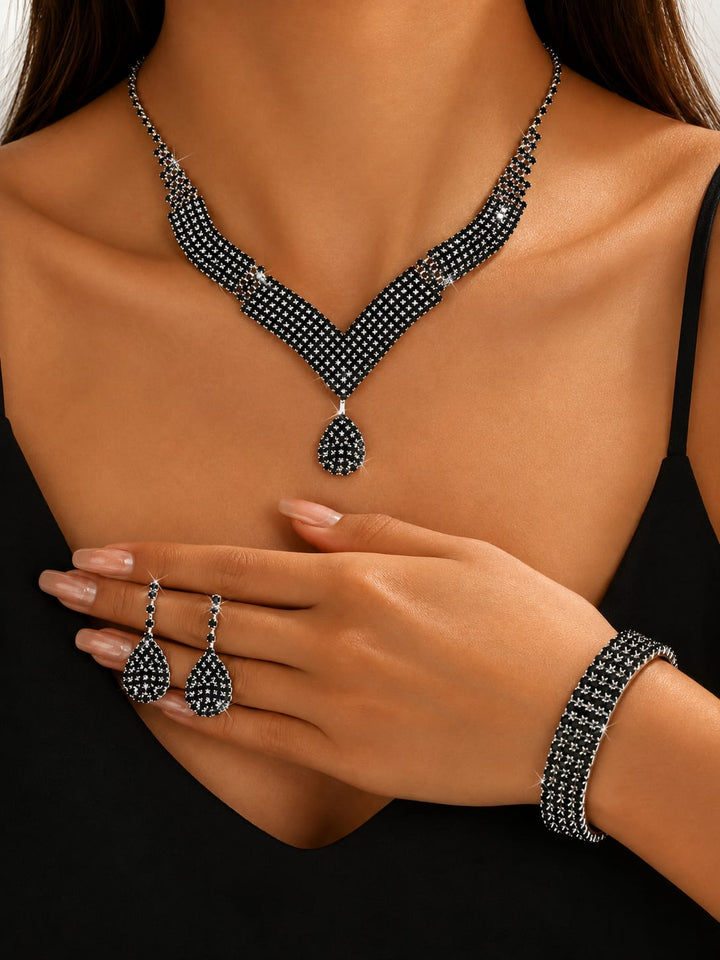Elegant Silver & Black &Pink Crystal Jewelry Set ( Necklace Earring Bracelet )