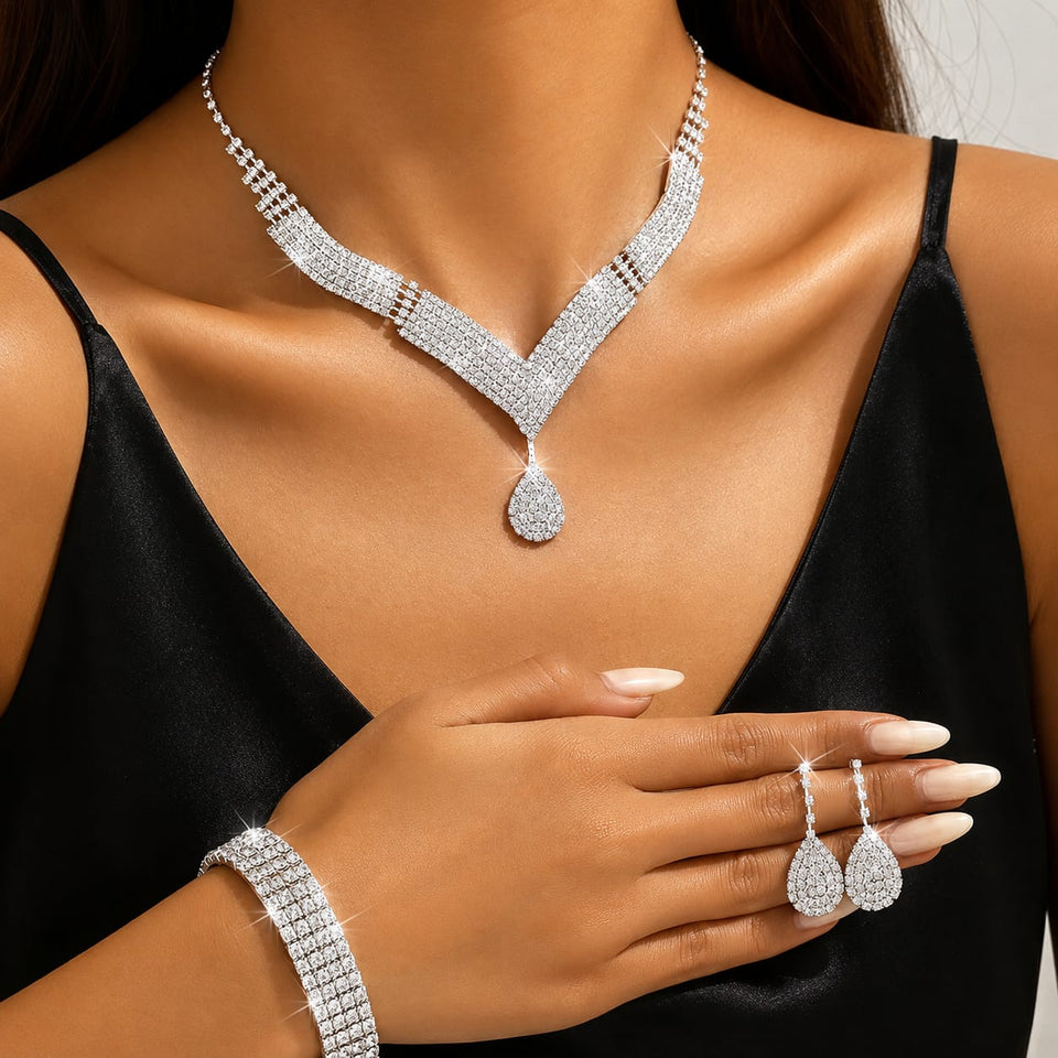 Elegant Silver & Black &Pink Crystal Jewelry Set ( Necklace Earring Bracelet )