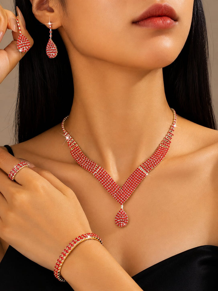 Elegant Silver & Black &Pink Crystal Jewelry Set ( Necklace Earring Bracelet )